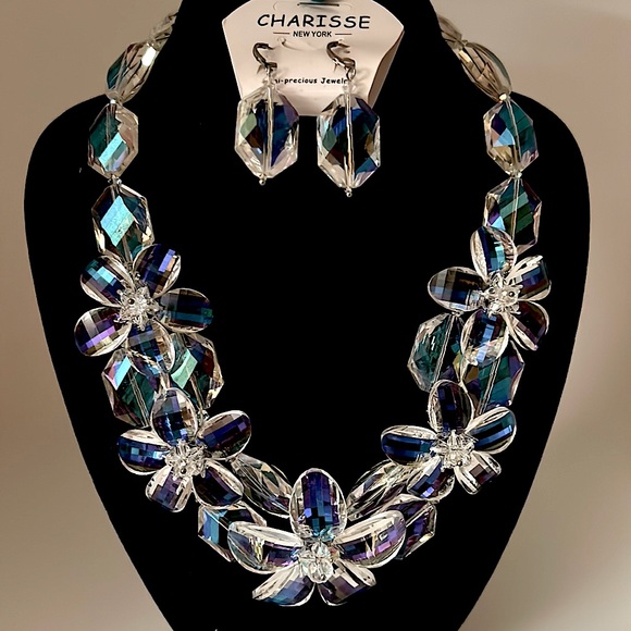 Charisse NY Clear Iridescent Crystal Floral Choker Style Necklace w/Earrings - Picture 1 of 1